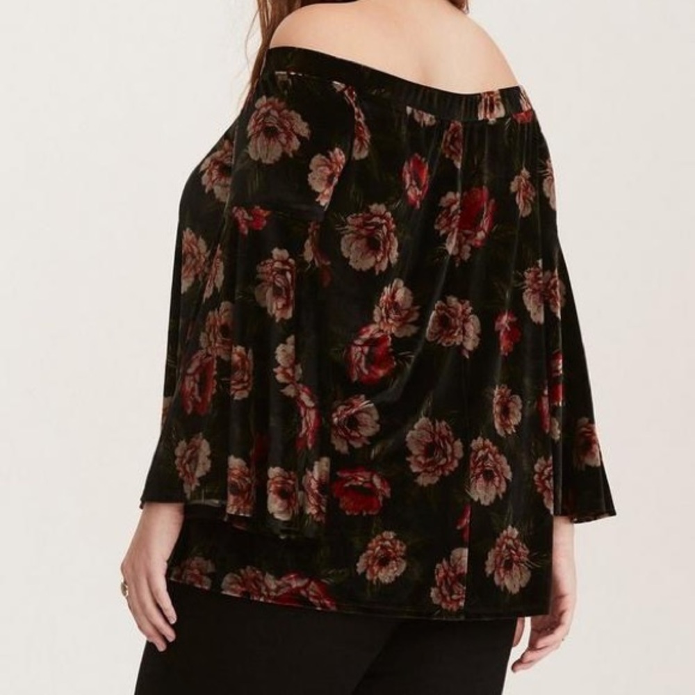 Torrid Floral Print Velvet Off Shoulder Bell Sleeve Top - Picture 2 of 10